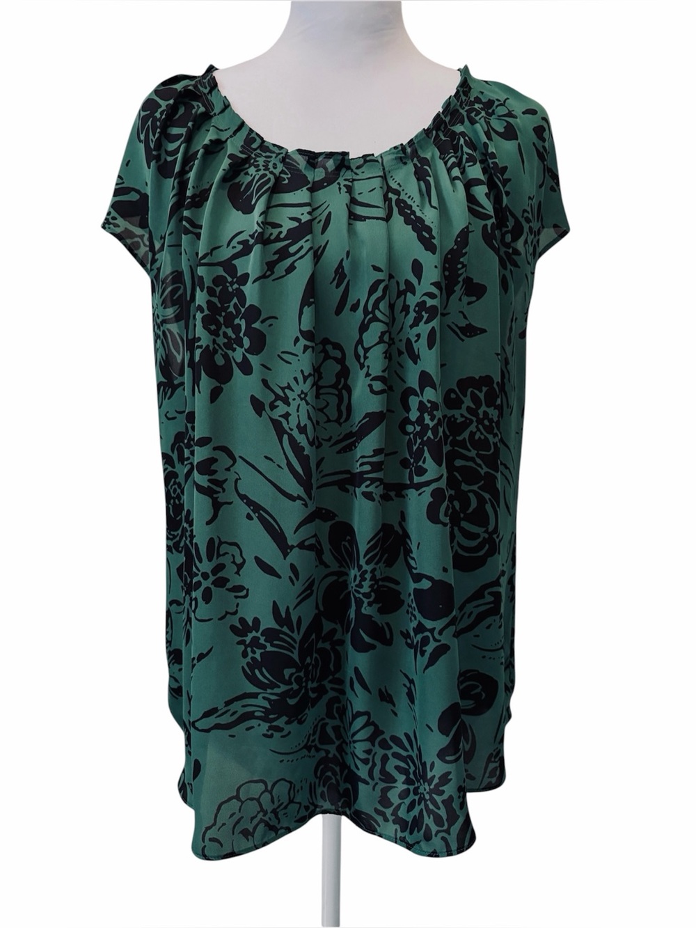 LC Lauren Conrad Green Black Floral Tie-Back Blouse XL Short Sleeve Sheer Top